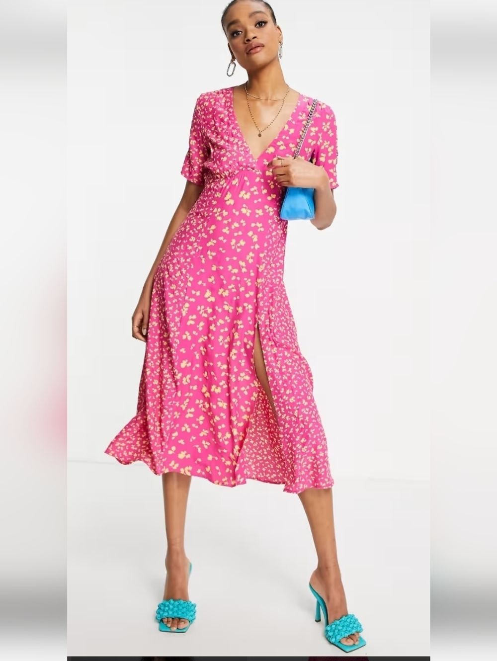 French Connection Bonita Drape V-Neck Midi Dress Wild Rose And Yellow Size 8